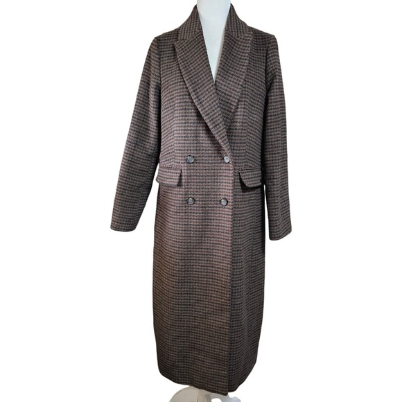 Levi's Womens Double Breasted Blazer Coat Sz S Tea Length Long Brown Houndstooth - Picture 1 of 15